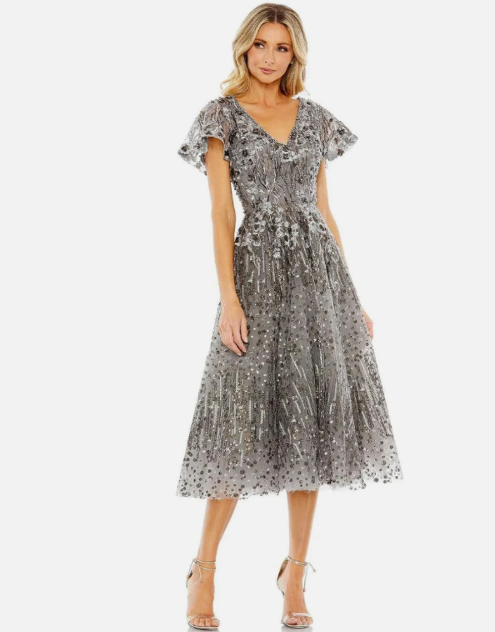 Mac Duggal Gunmetal Embellished Butterfly Fit & Flare Dress Midi Sz 8 Cocktail